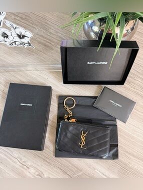 Saint Laurent Black Quilted Leather Key Ring Pouch with Gold YSL